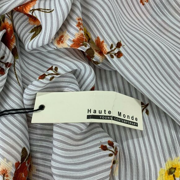 Haute Monde Floral Print Dress Womens Size L Off Shoulder Tie Mid Sleeves Stripe - Picture 8 of 12